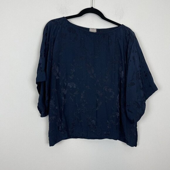 Chico’s Dark Blue Jacquard Kimono Top Woman’s Size 2 / 12/14 Floral Boat Neck - Picture 1 of 6